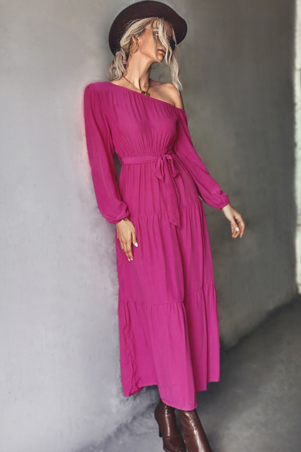 Belted One-Shoulder Tiered Maxi Dress - LOLA LUXE