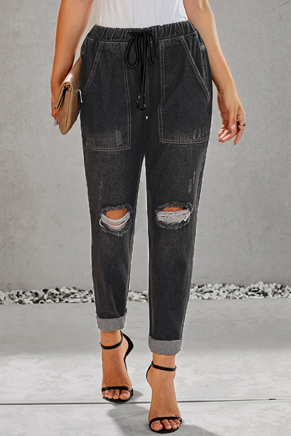 Drawstring Denim Joggers - LOLA LUXE