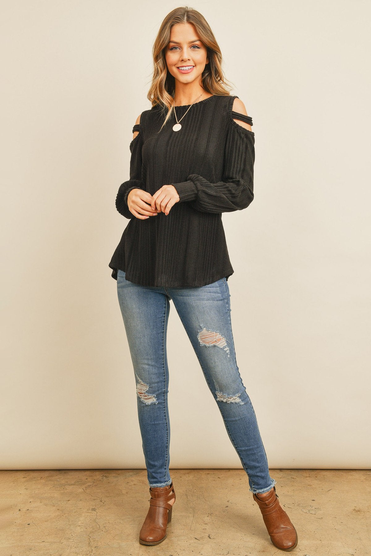 Ladder Open Should Long Sleeved Rib Detail Top - LOLA LUXE