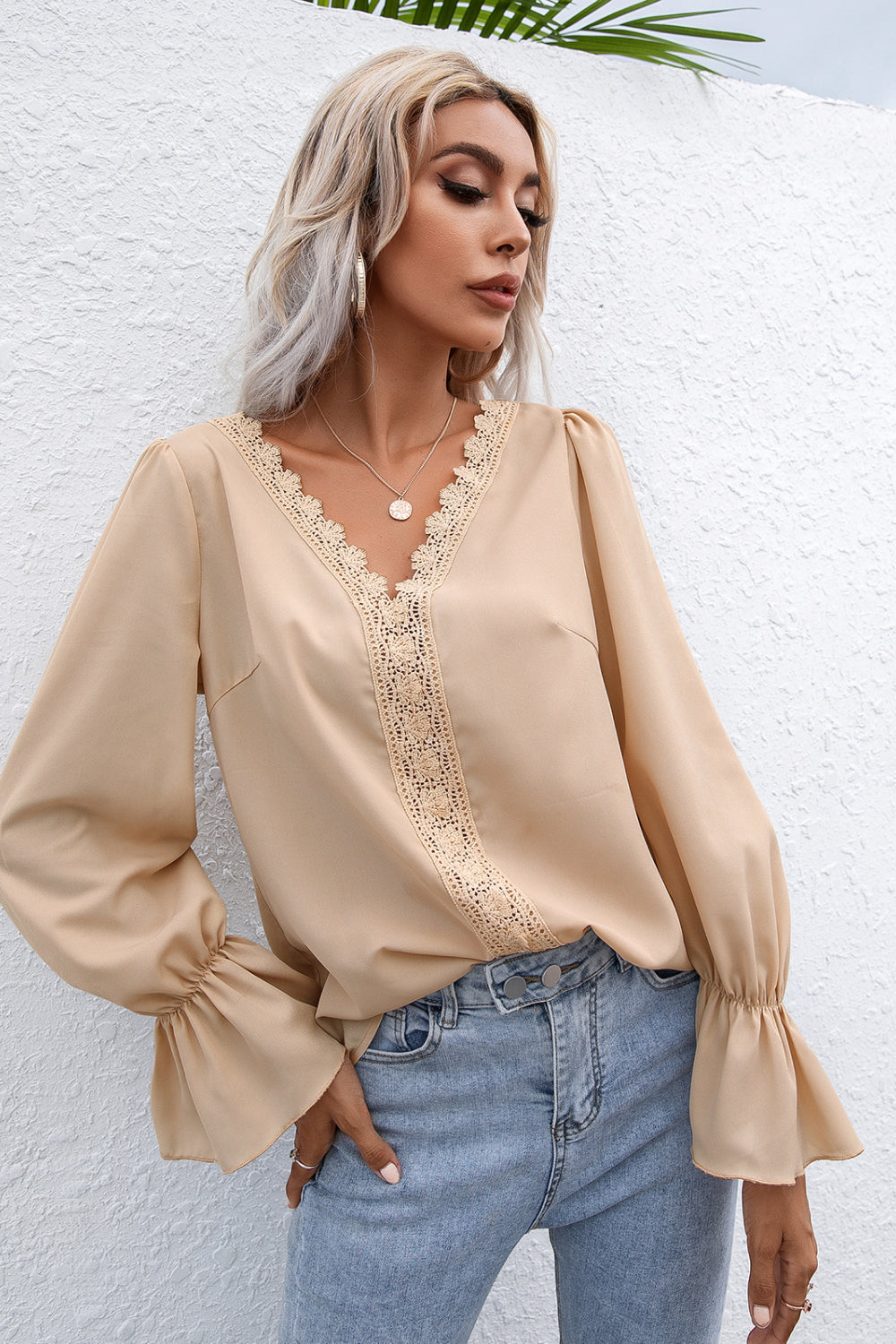 Lace Trim Flounce Sleeve Blouse - LOLA LUXE