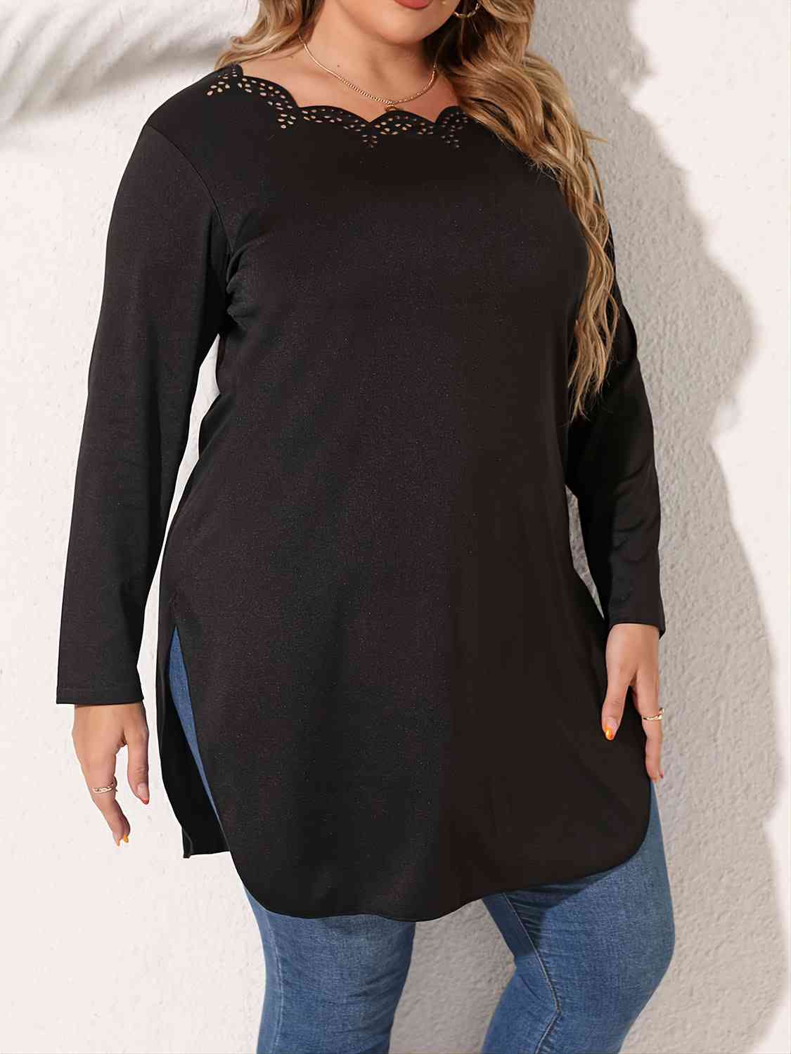 Plus Size Slit Long Sleeve T-Shirt - lolaluxeshop