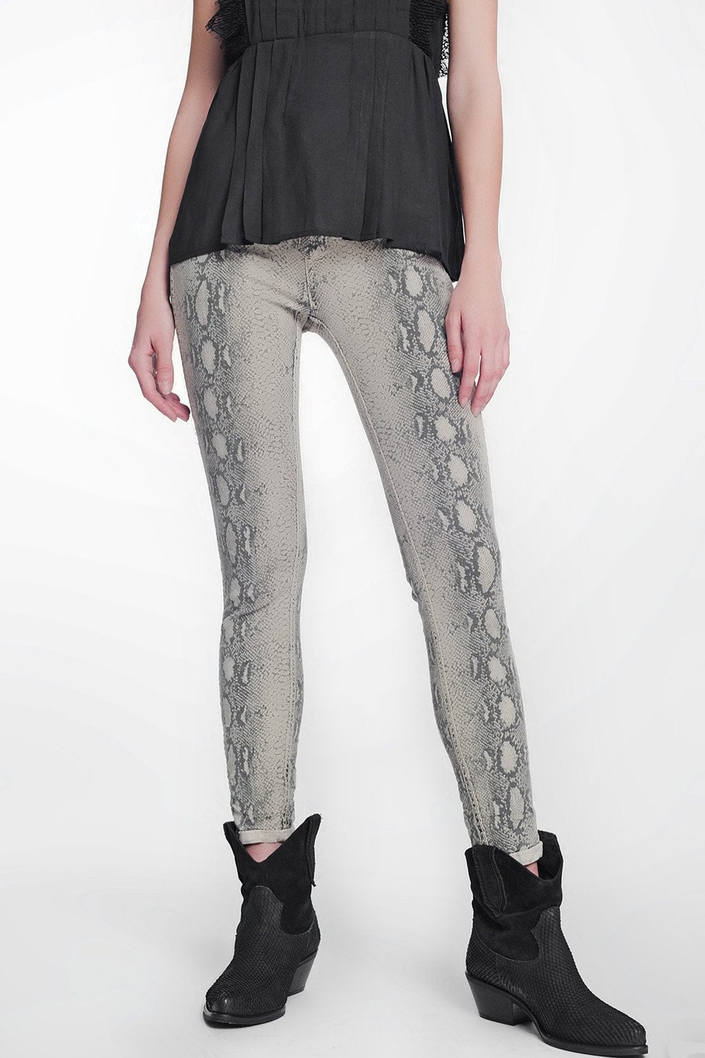 Beige Super Skinny Reversible Pants With Snake Print - LOLA LUXE