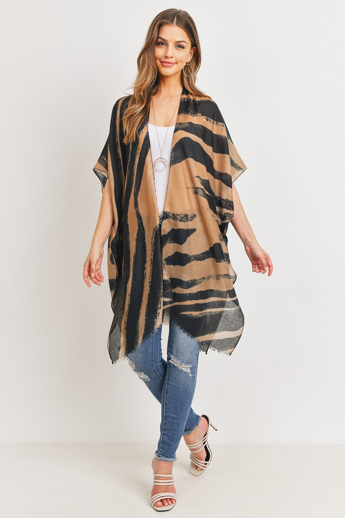 Hdf3167 - Zebra Line Print Open Front Kimono - LOLA LUXE