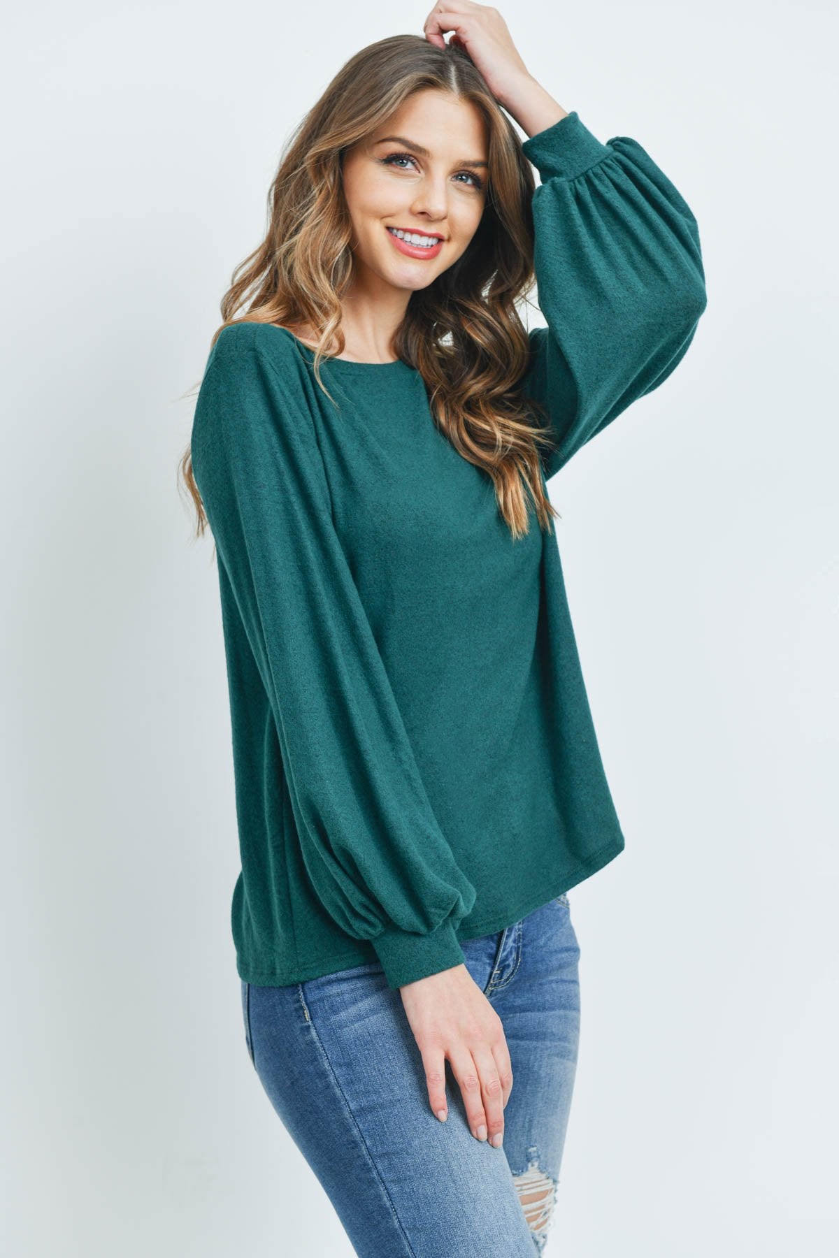 Puff Sleeved Boat Neck Two Toned Brushed Hacci Top - LOLA LUXE