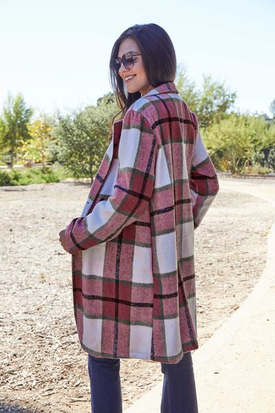 Double Take Full Size Plaid Button Up Lapel Collar Coat - lolaluxeshop