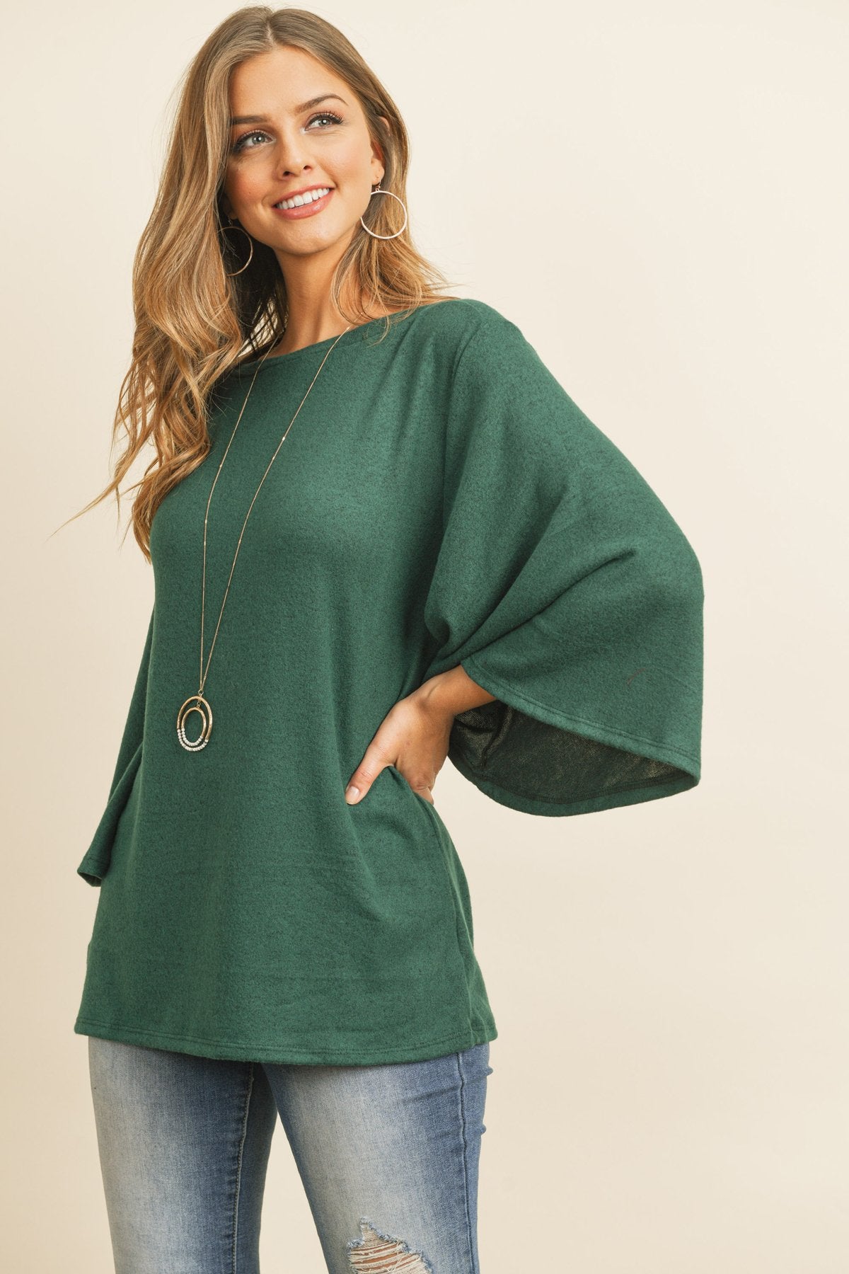 Boat Neck Bell Sleeve Solid Hacci Brushed Top - LOLA LUXE