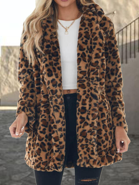 Leopard Collared Neck Coat with Pockets - lolaluxeshop