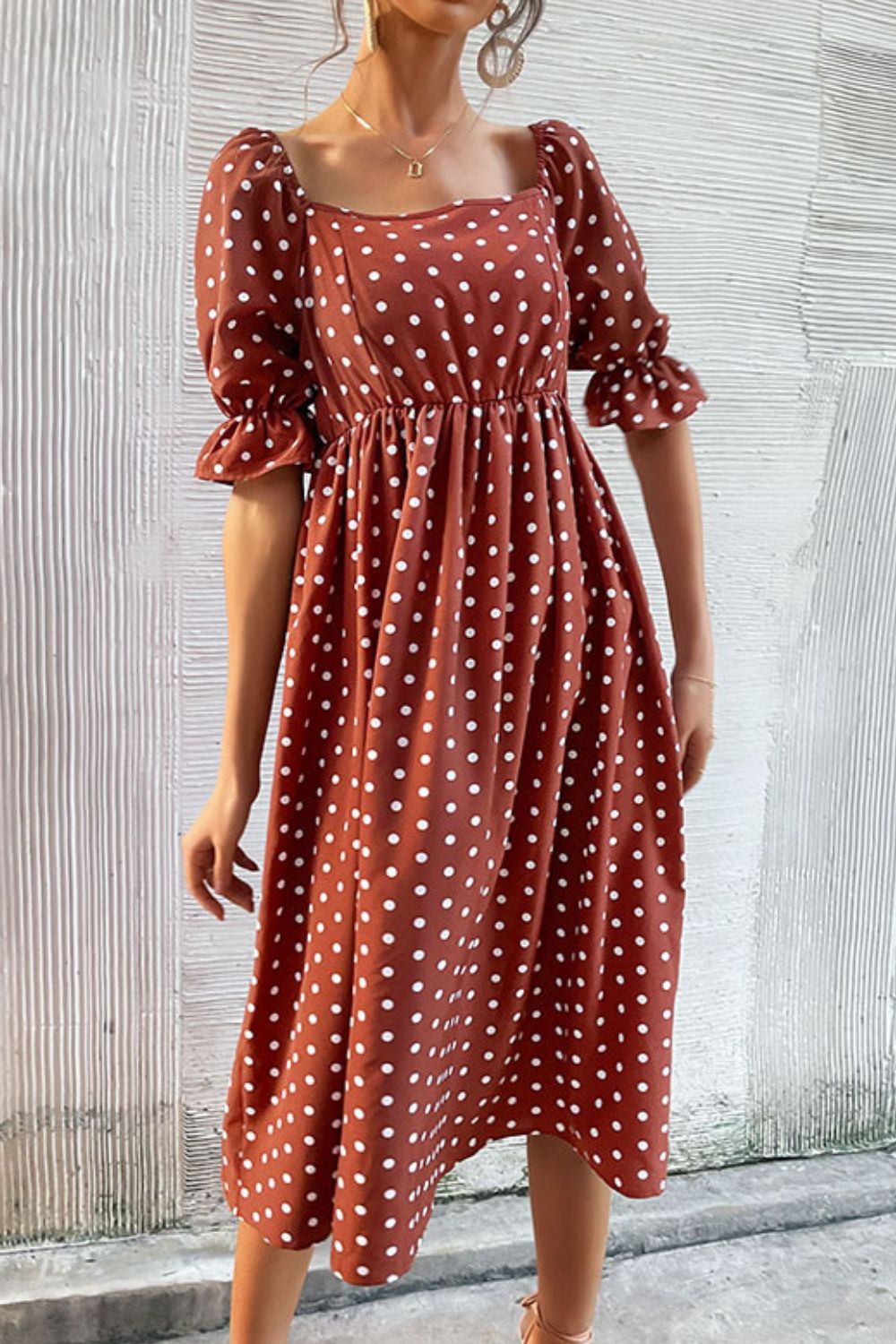 Polka Dot Square Neck Flounce Sleeve Dress - LOLA LUXE