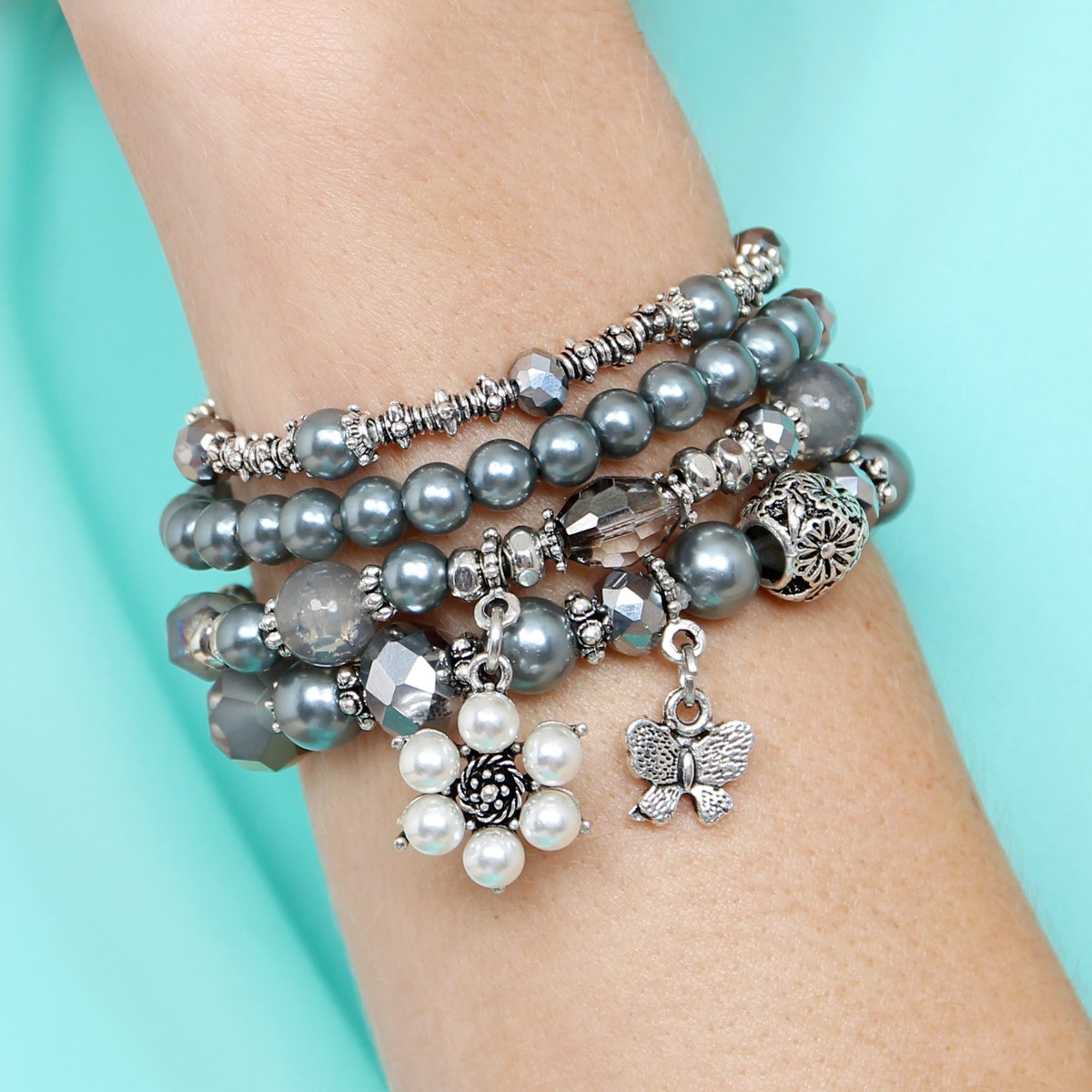 Hdb2076 - Butterfly Pearl Classy Stackable Bracelet - LOLA LUXE