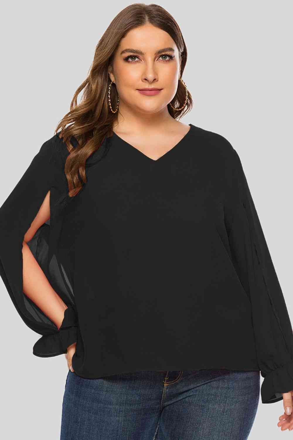 Plus Size Cutout Flounce Sleeve Blouse - lolaluxeshop