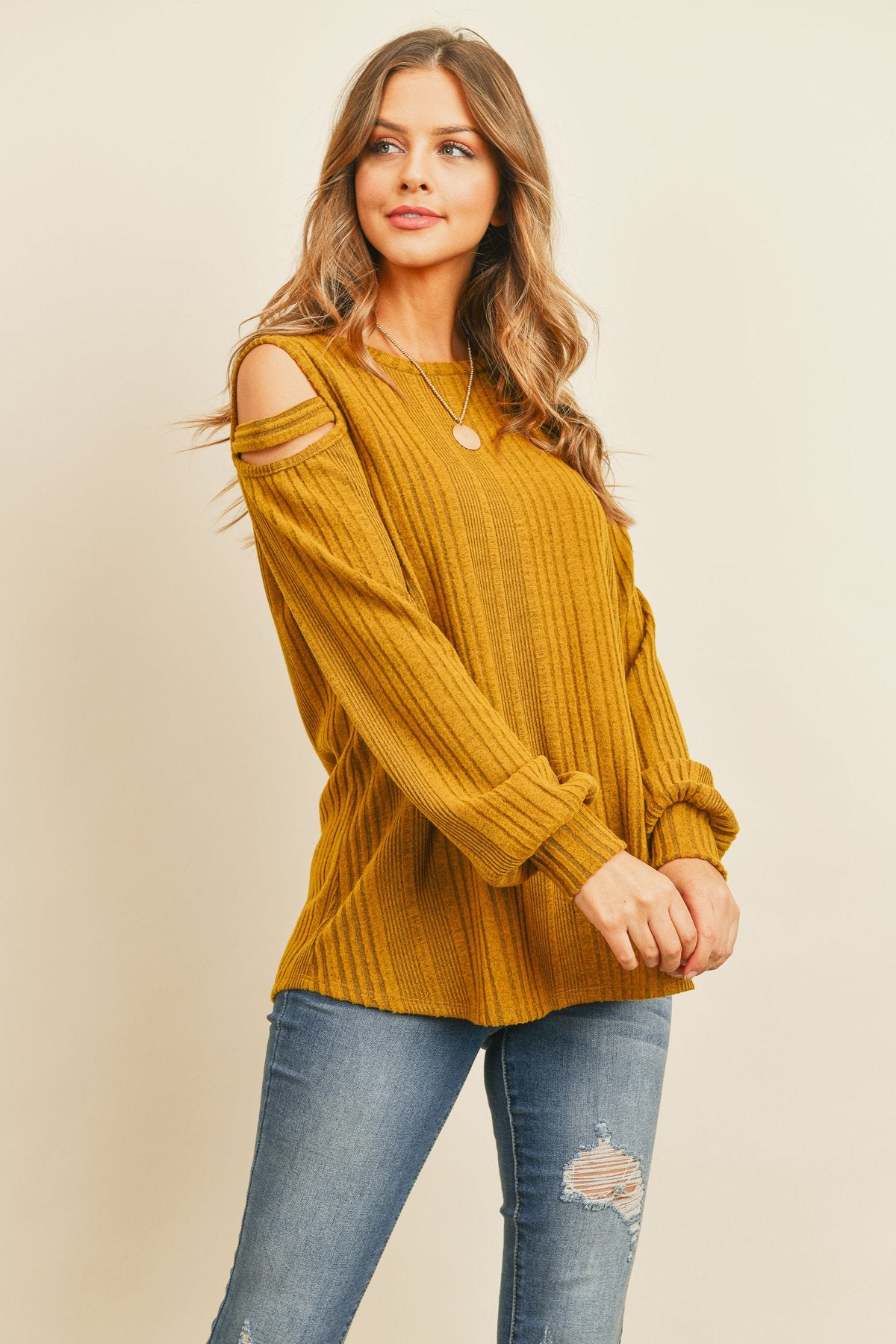 Ladder Open Should Long Sleeved Rib Detail Top - LOLA LUXE