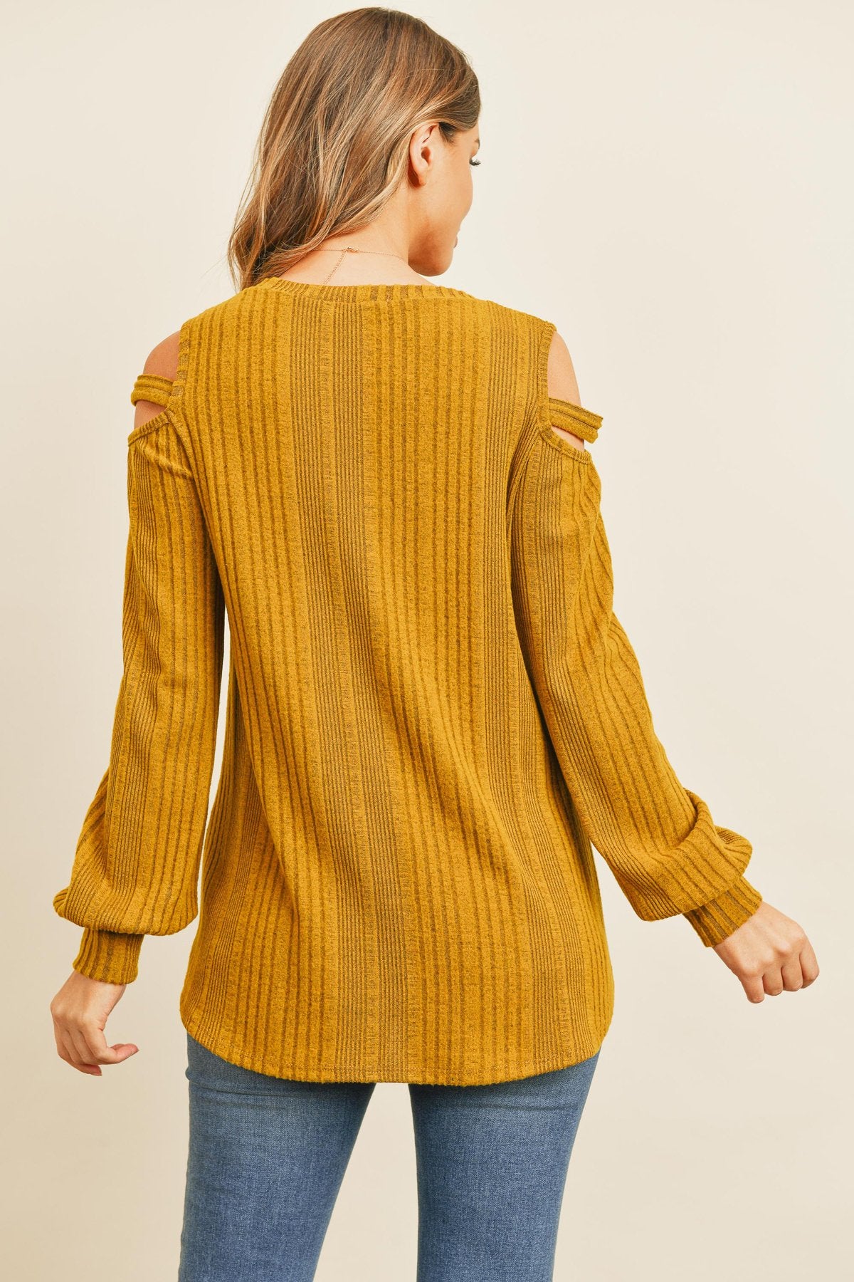 Ladder Open Should Long Sleeved Rib Detail Top - LOLA LUXE