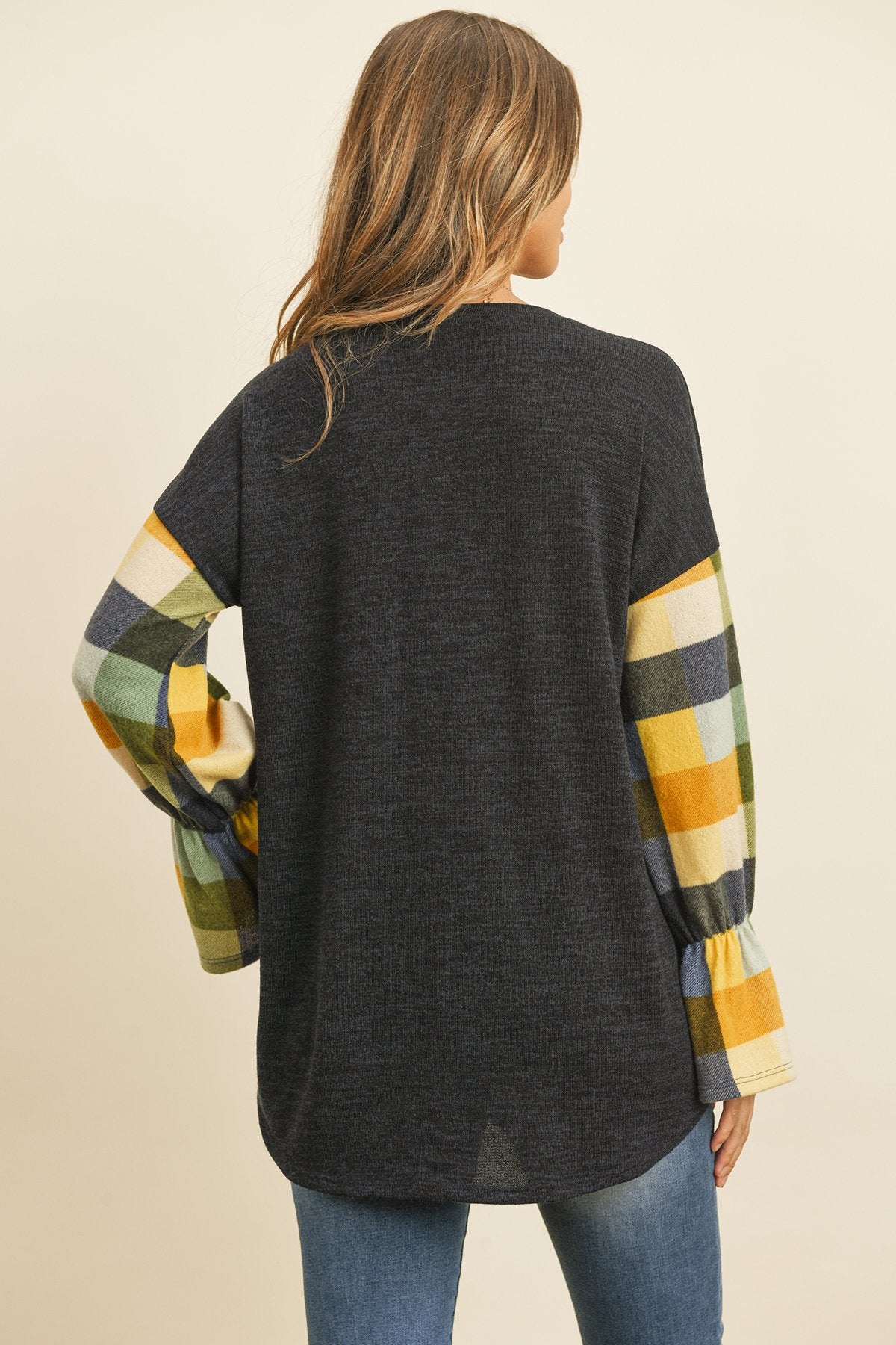 Plaid Bell Sleeves Mier Sweater - LOLA LUXE