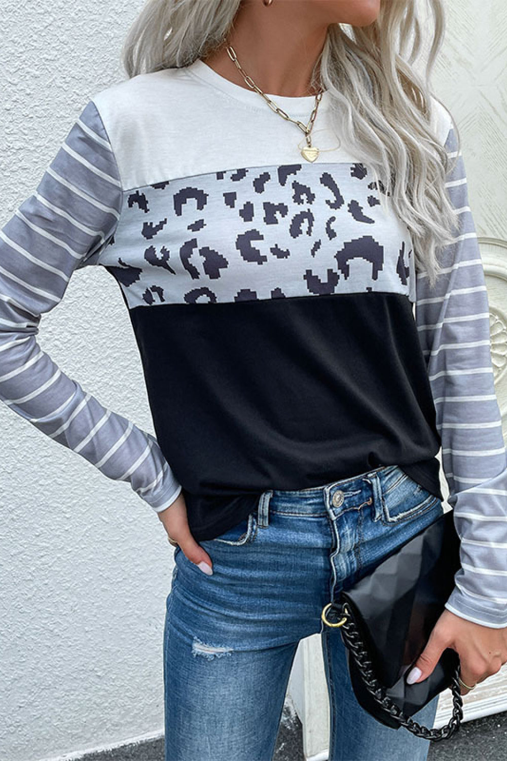 Mixed Print Round Neck Tee Shirt - LOLA LUXE