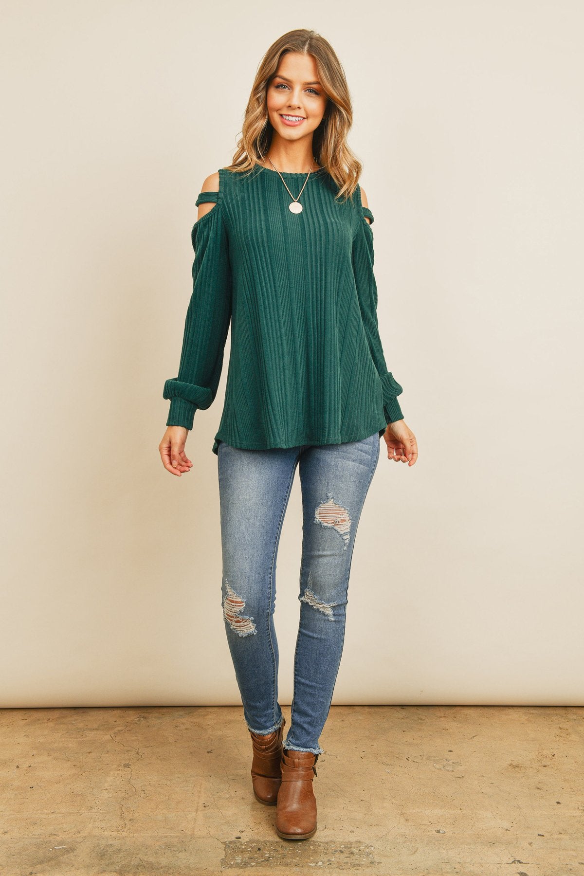 Ladder Open Should Long Sleeved Rib Detail Top - LOLA LUXE