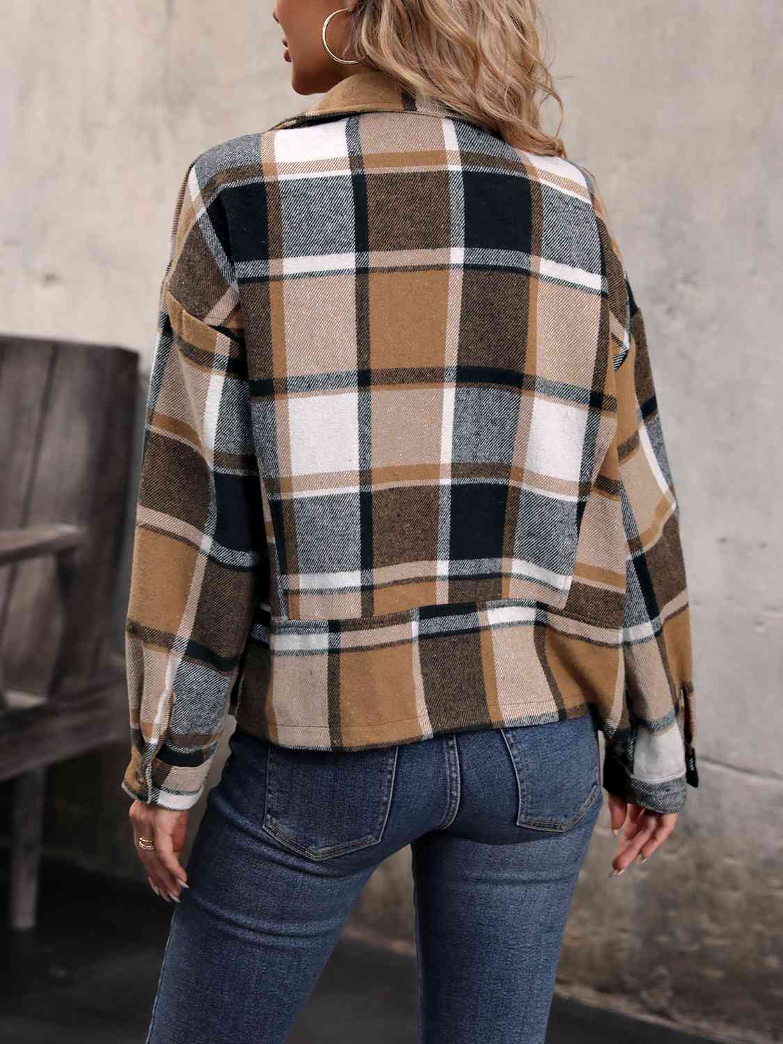 Plaid Collared Neck Long Sleeve Jacket - lolaluxeshop