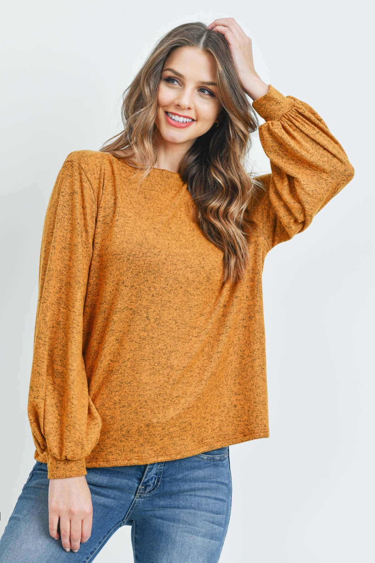 Puff Sleeved Boat Neck Two Toned Brushed Hacci Top - LOLA LUXE