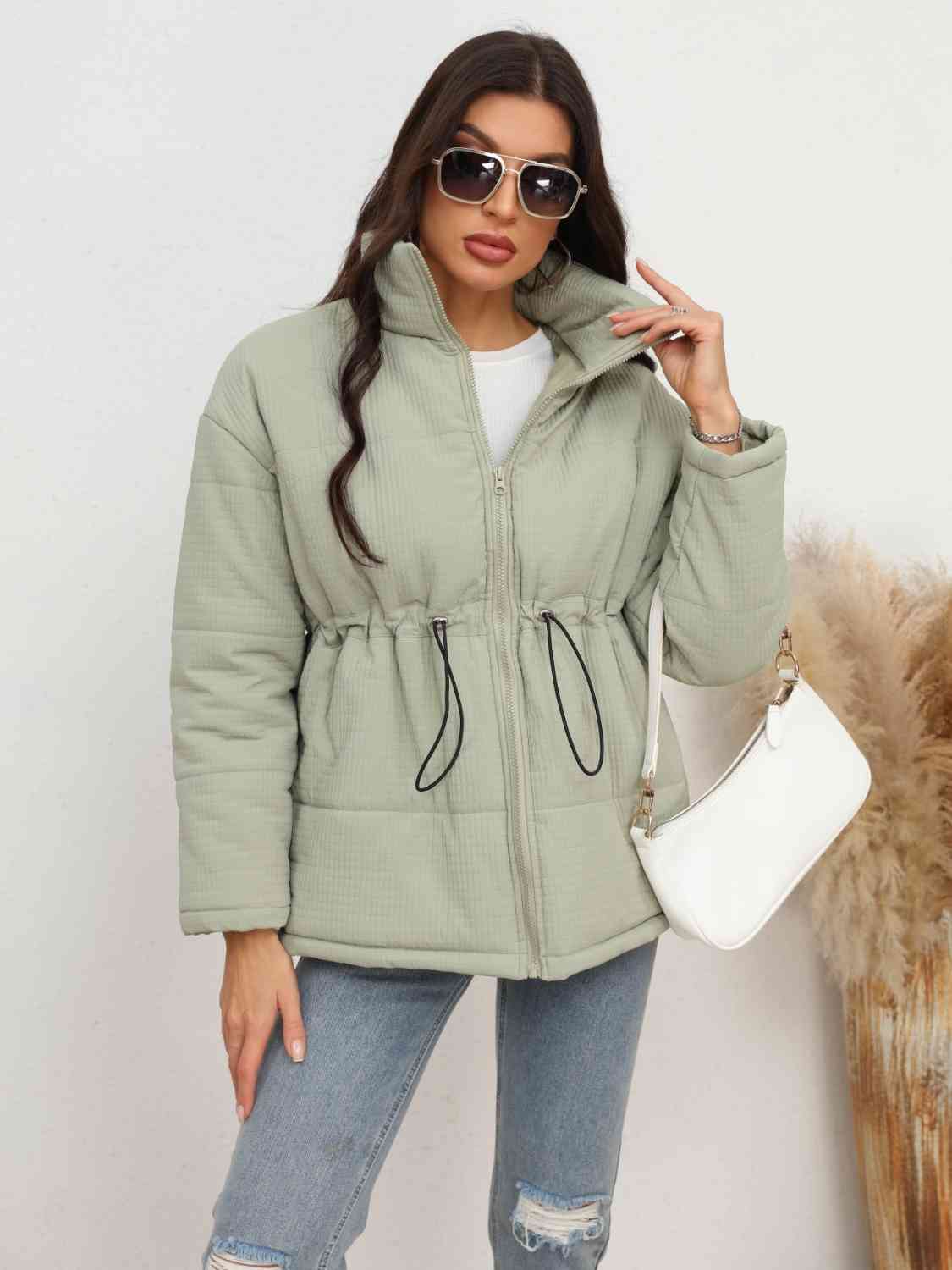 Drawstring Waist Zip-Up Puffer Jacket - lolaluxeshop