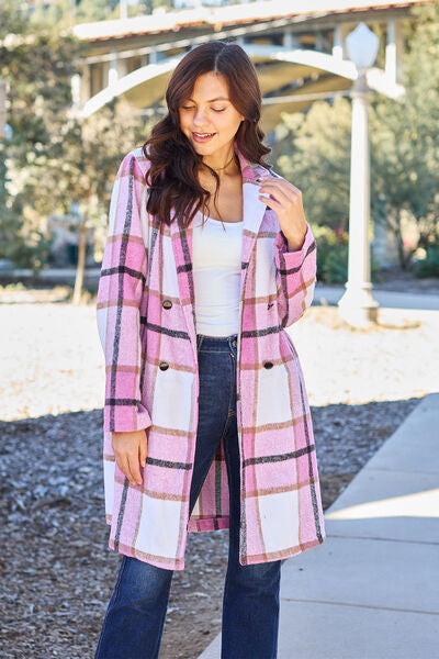 Double Take Full Size Plaid Button Up Lapel Collar Coat - lolaluxeshop