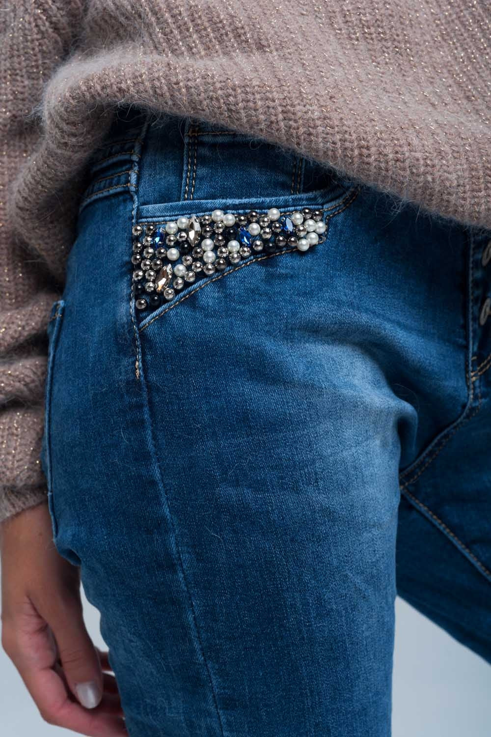 Blue Boyfriend Jeans With Pearls - LOLA LUXE