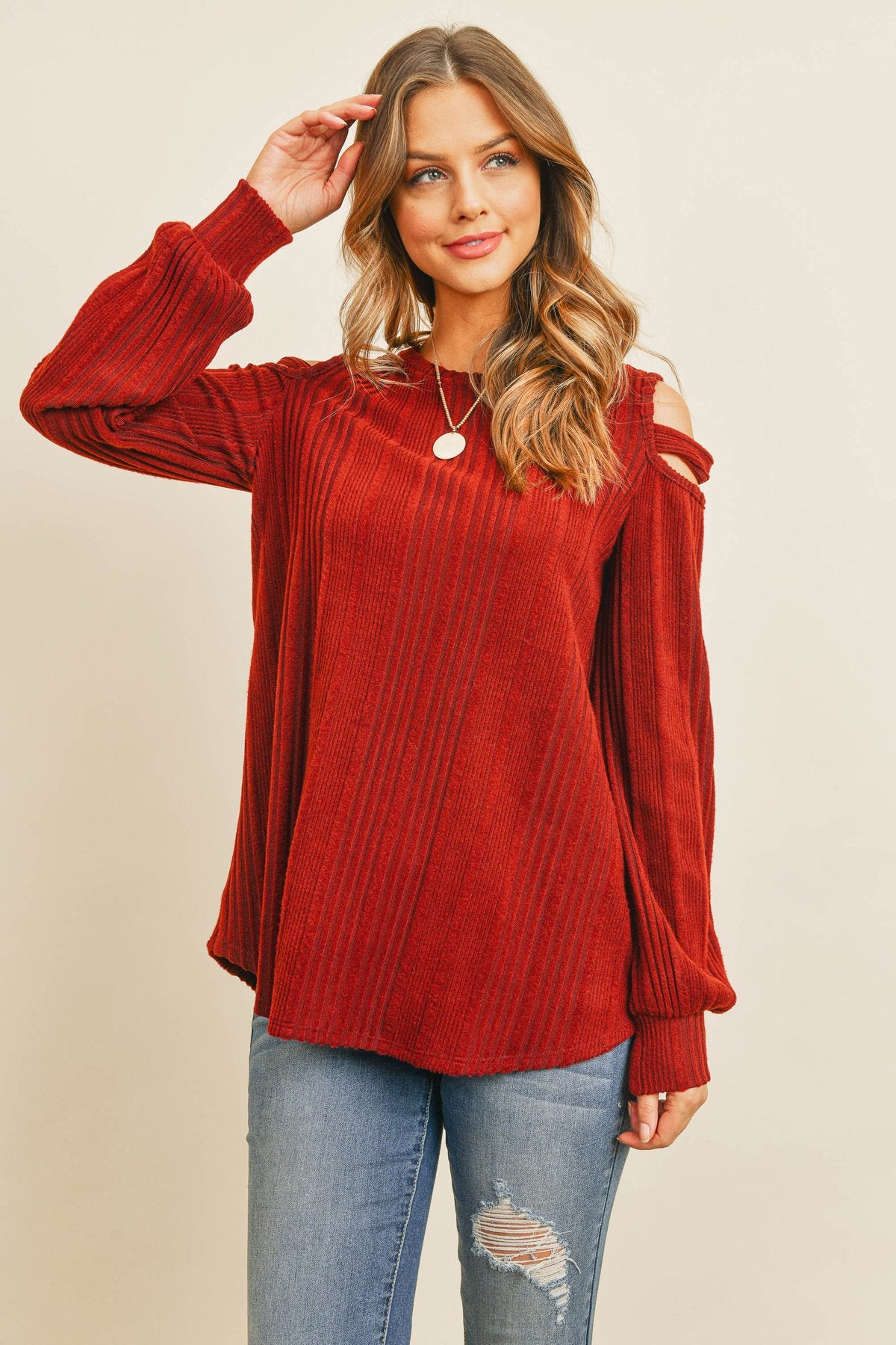 Ladder Open Should Long Sleeved Rib Detail Top - LOLA LUXE