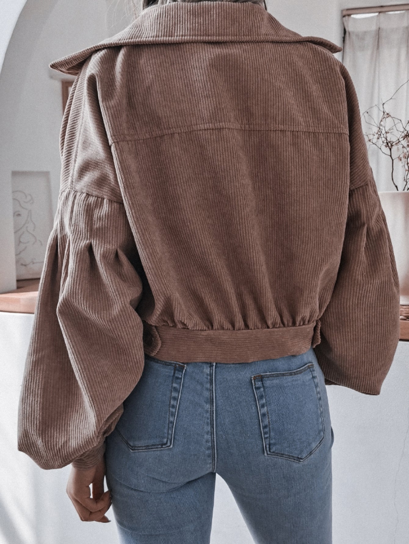 Lantern Sleeve Cropped Corduroy Jacket - LOLA LUXE