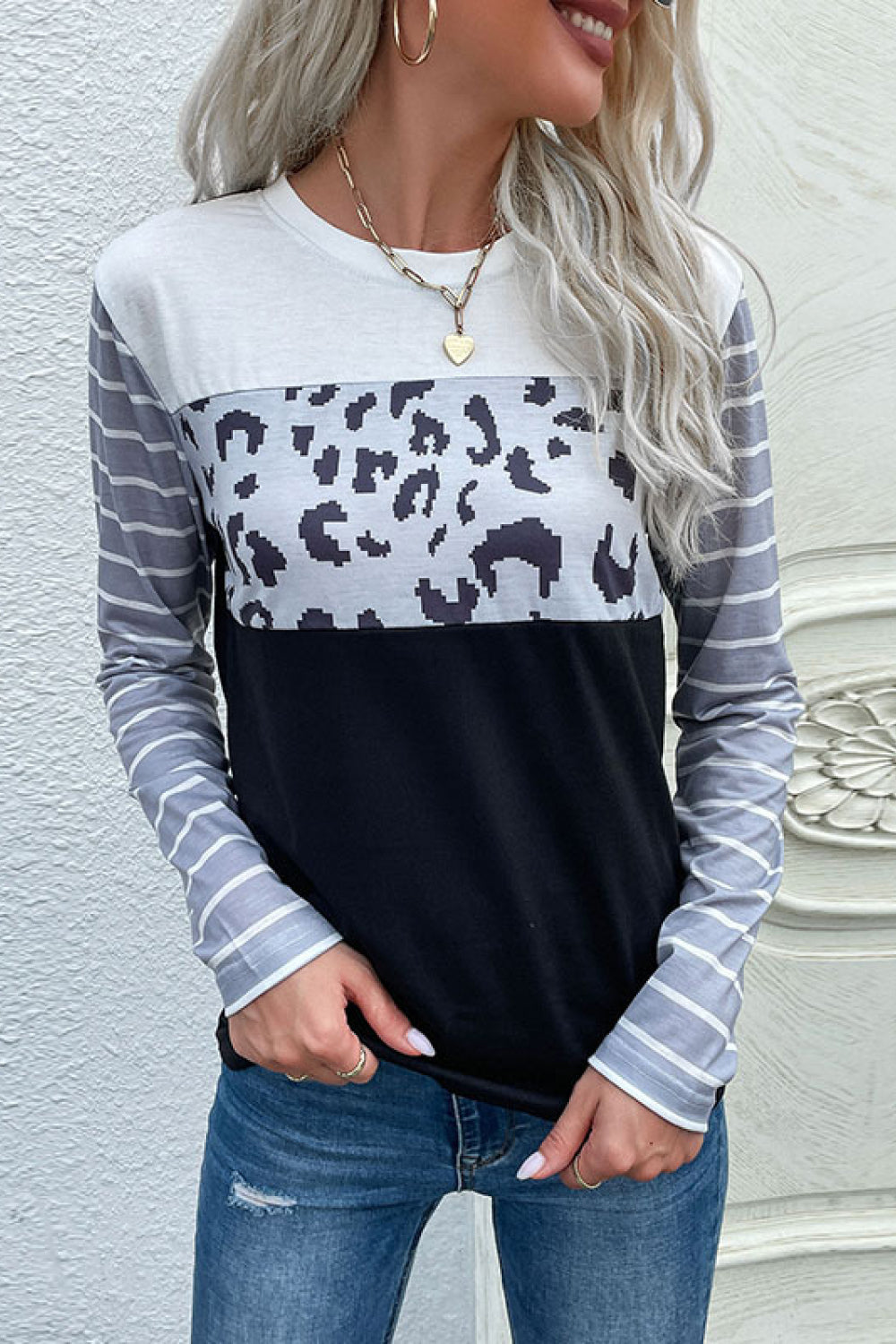 Mixed Print Round Neck Tee Shirt - LOLA LUXE