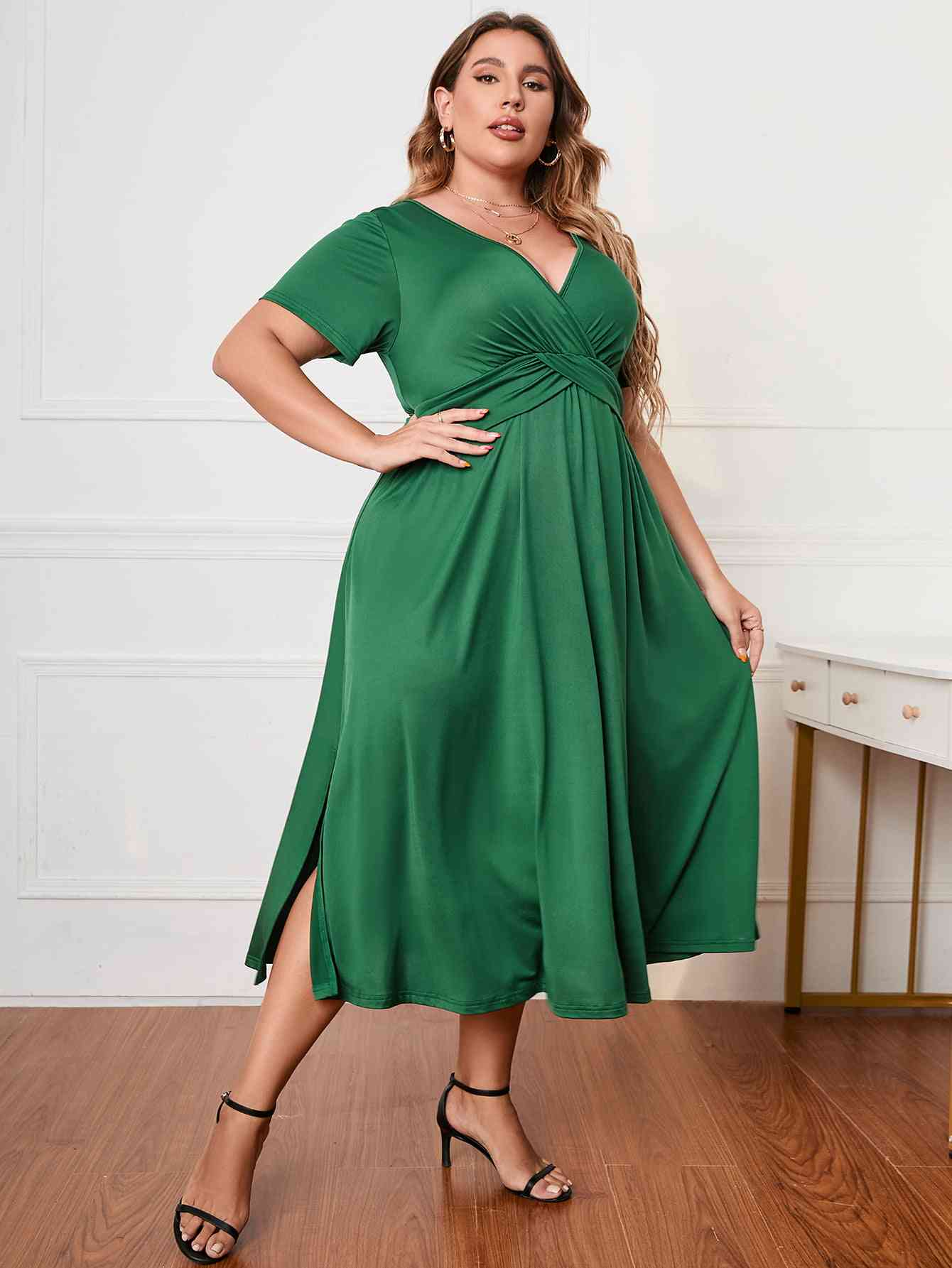 Plus Size Short Sleeve Surplice Neck Midi Dress - lolaluxeshop