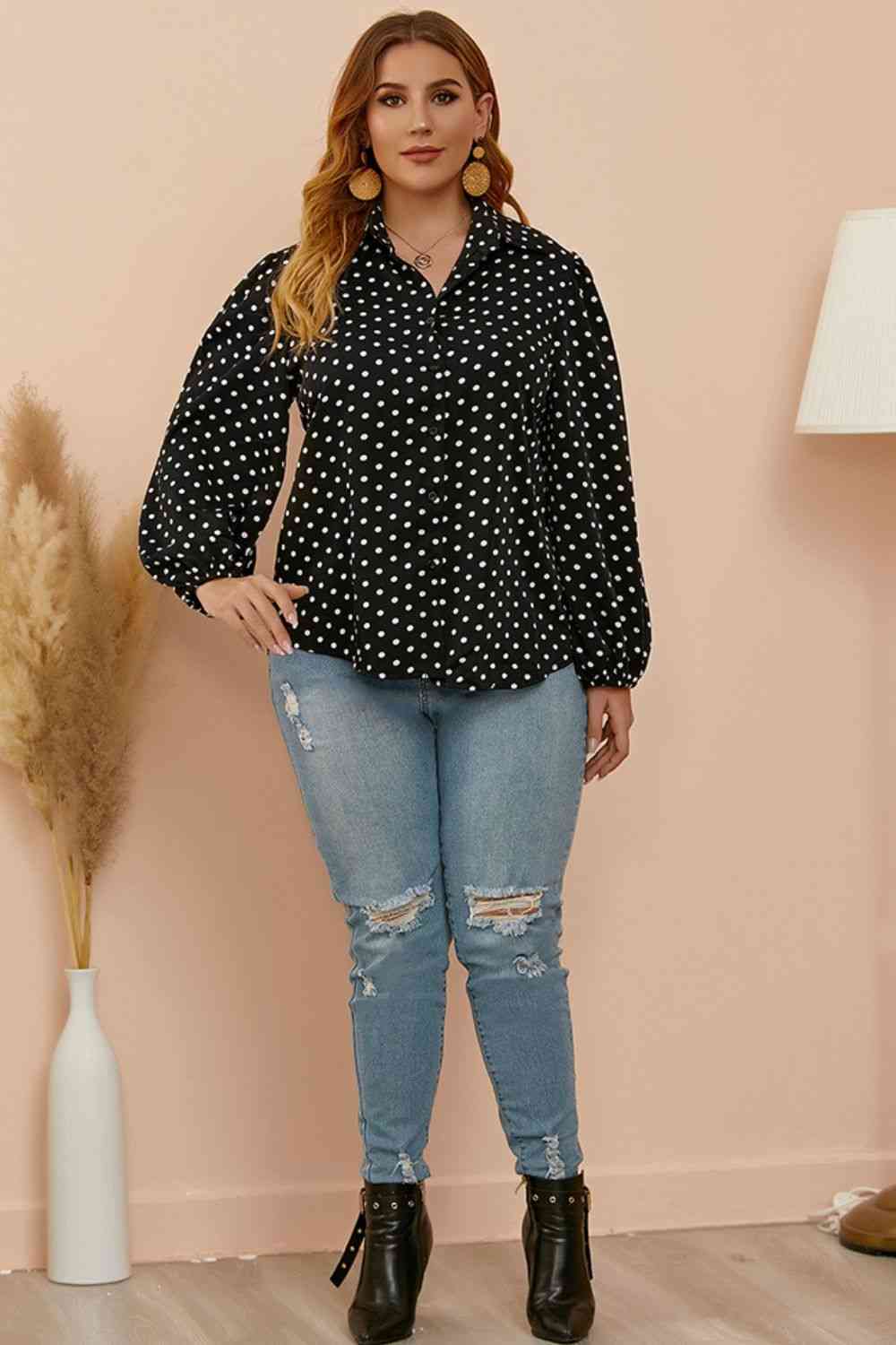 Plus Size Polka Dot Balloon Sleeve Shirt - lolaluxeshop