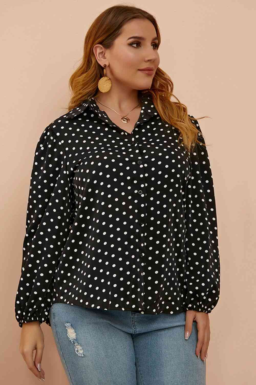 Plus Size Polka Dot Balloon Sleeve Shirt - lolaluxeshop