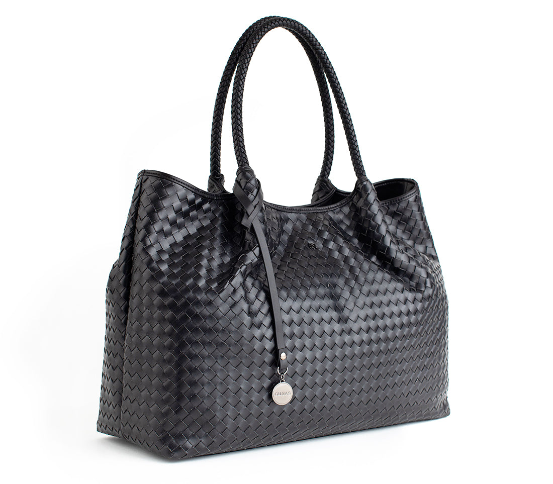 Naomi - Black Woven Vegan Leather Tote Bag - lolaluxeshop