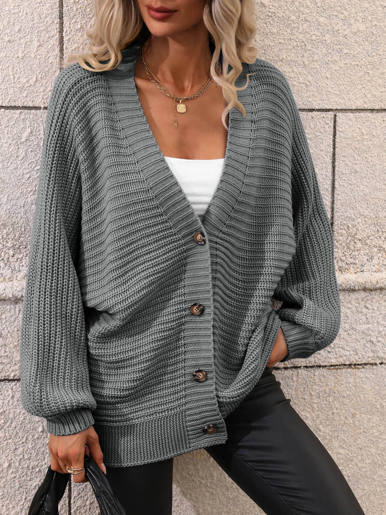 Button Down Horizontal-Ribbing Longline Cardigan - LOLA LUXE