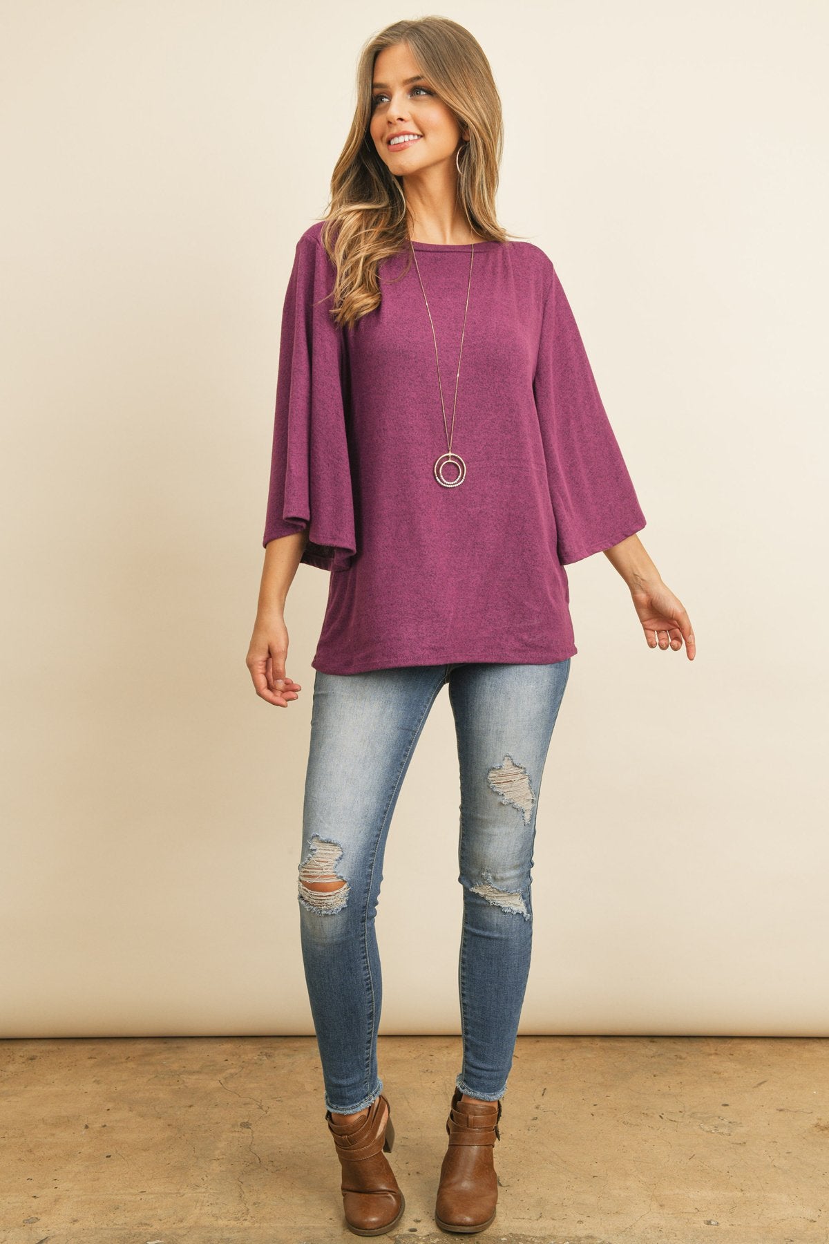 Boat Neck Bell Sleeve Solid Hacci Brushed Top - LOLA LUXE