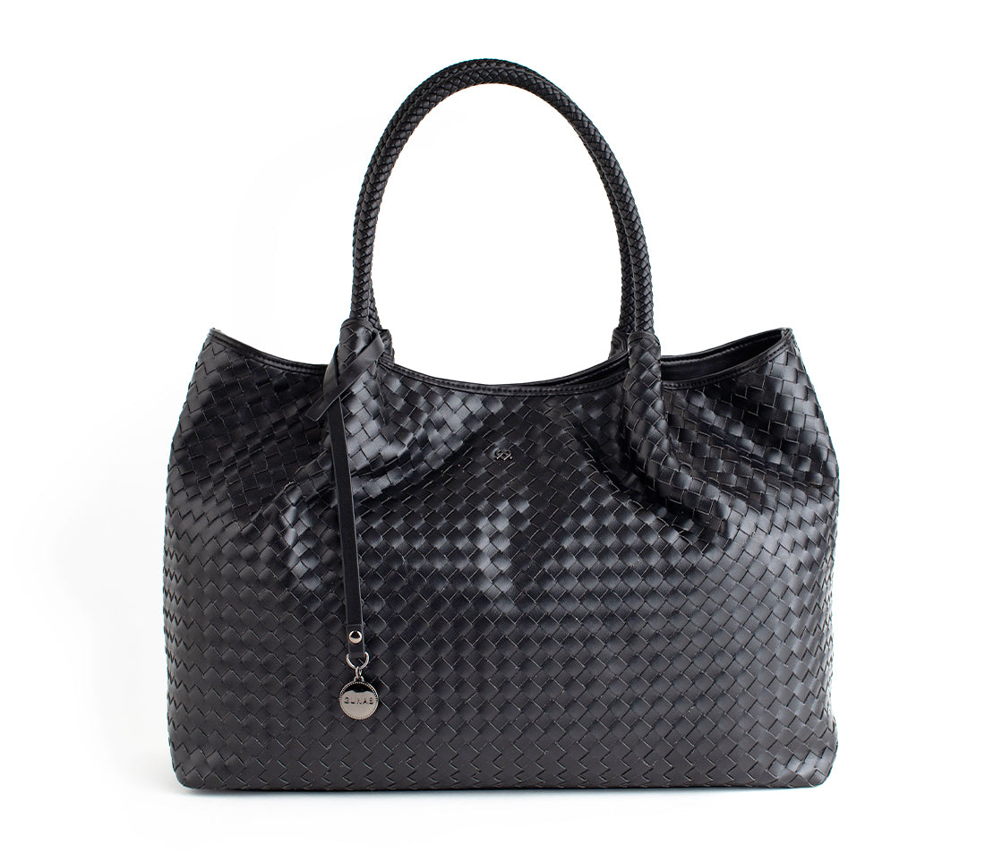 Naomi - Black Woven Vegan Leather Tote Bag - lolaluxeshop