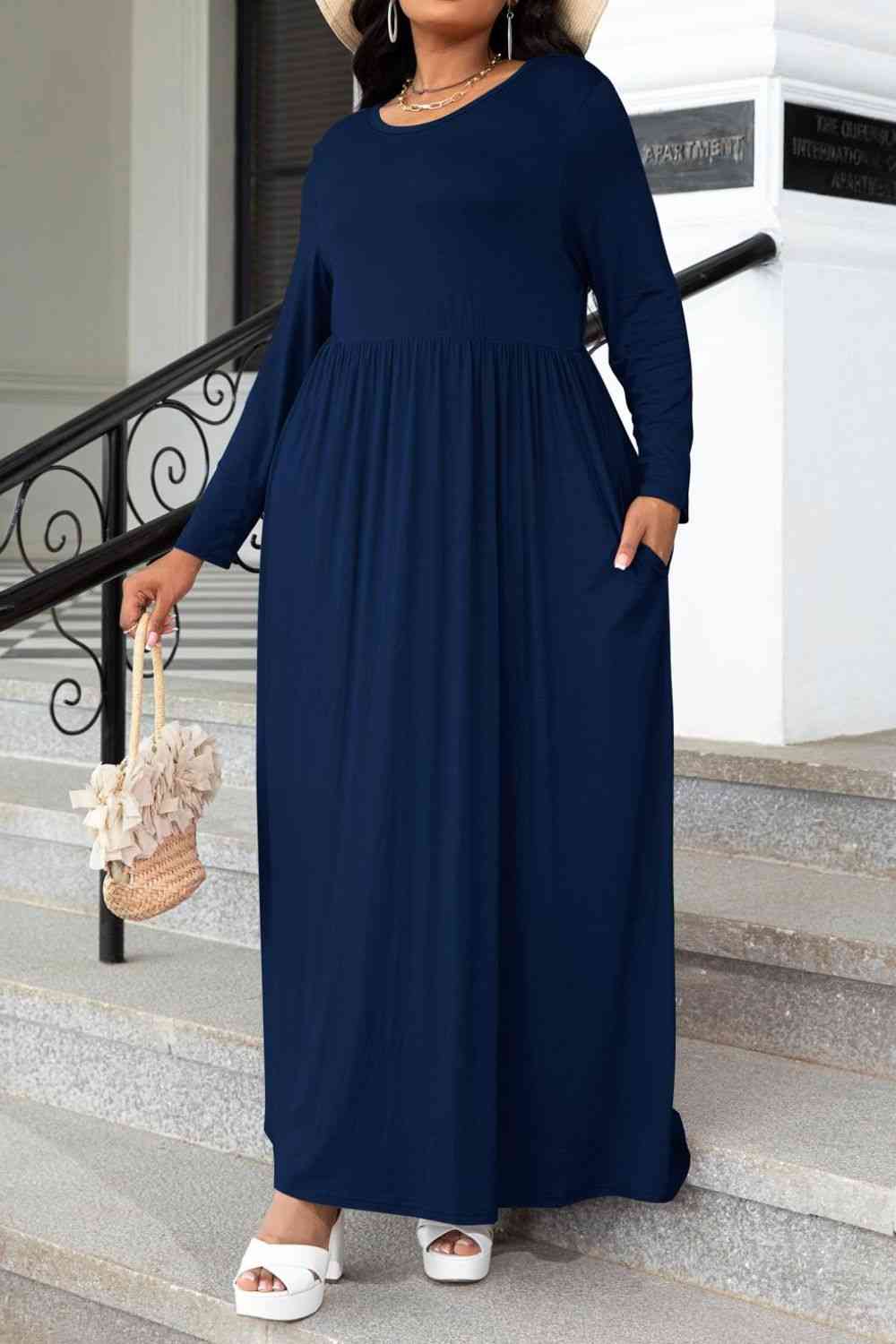 Plus Size Round Neck Long Sleeve Maxi Dress with Pockets - lolaluxeshop