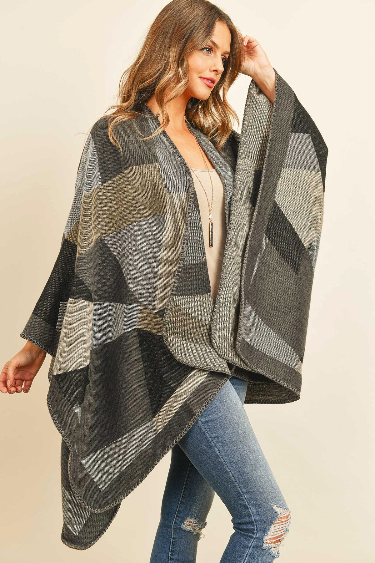 Hdf3149br - Brown Abstract Pattern Open Front Kimono - LOLA LUXE