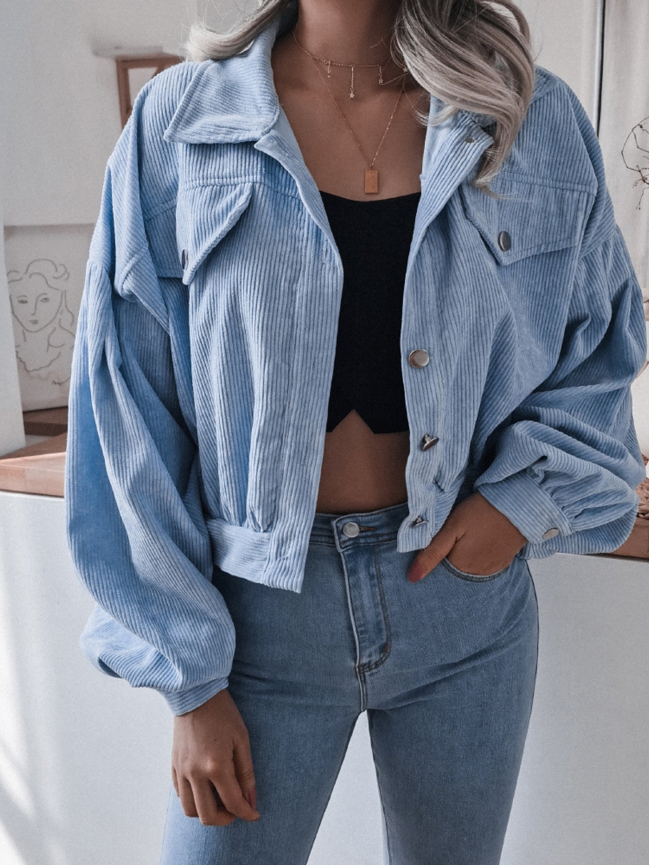 Lantern Sleeve Cropped Corduroy Jacket - LOLA LUXE