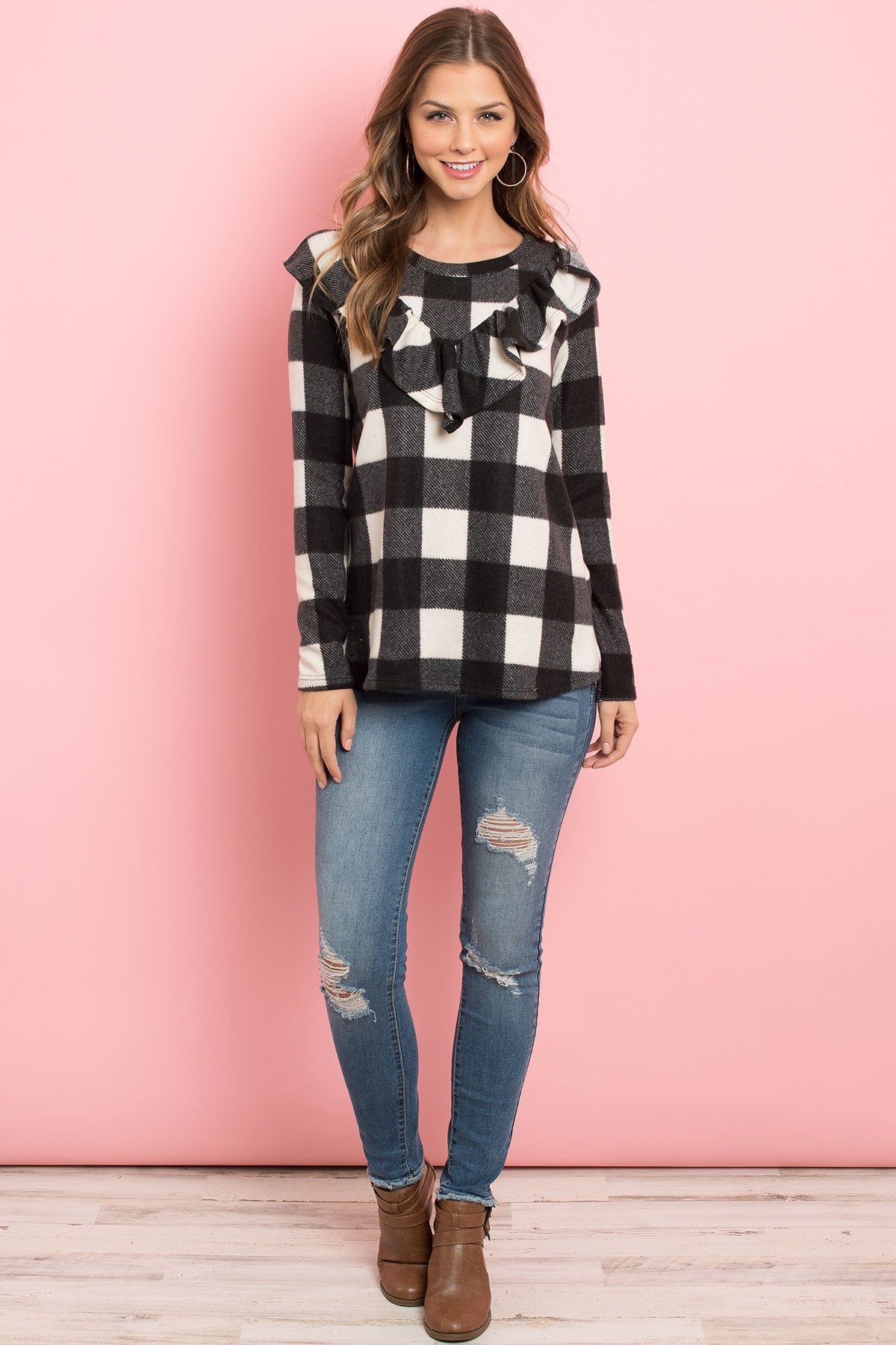 V-Shaped Brushed Plaid Ruffle Detail Long Sleeve Top - LOLA LUXE