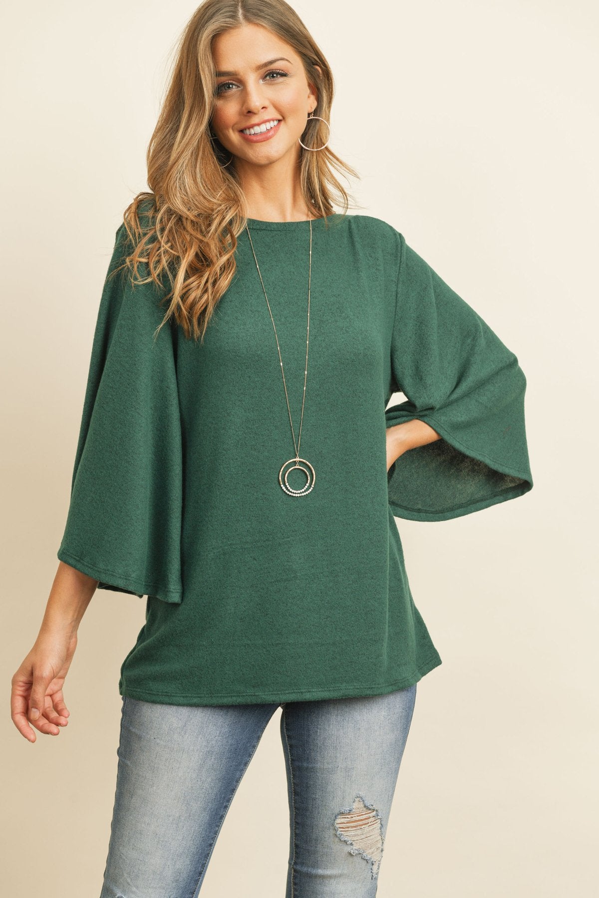 Boat Neck Bell Sleeve Solid Hacci Brushed Top - LOLA LUXE