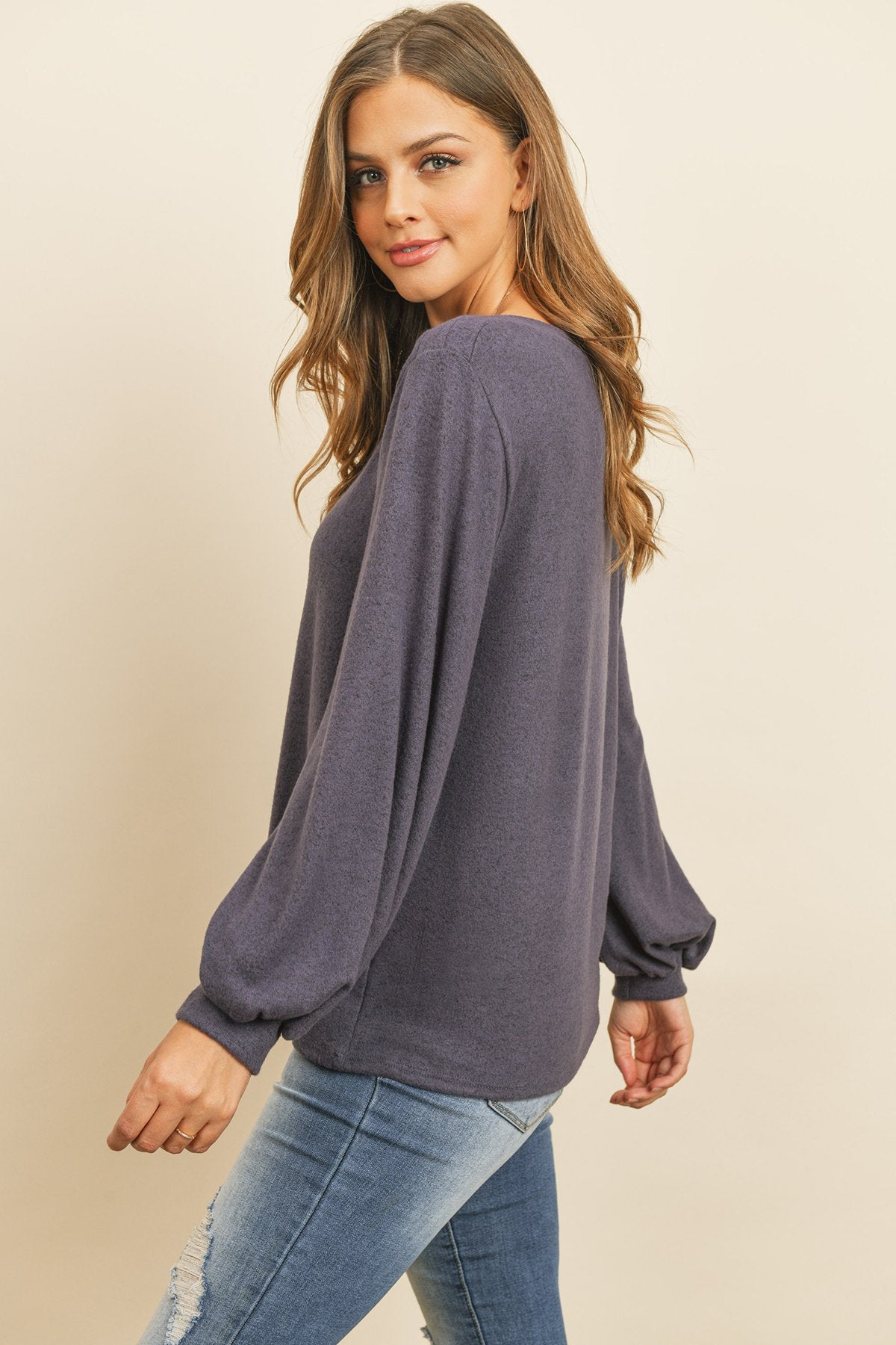 Puff Sleeved Boat Neck Two Toned Brushed Hacci Top - LOLA LUXE