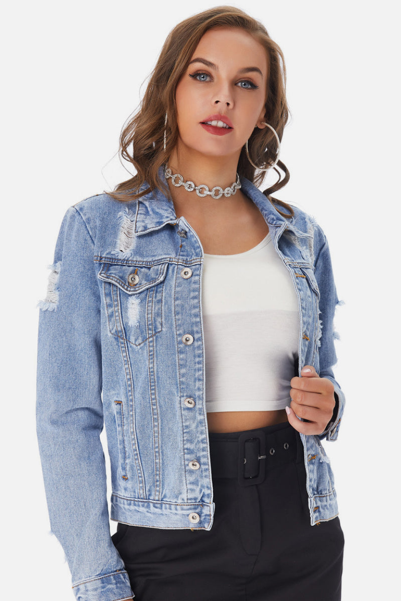 Distressed Classic Fit Denim Jacket - LOLA LUXE