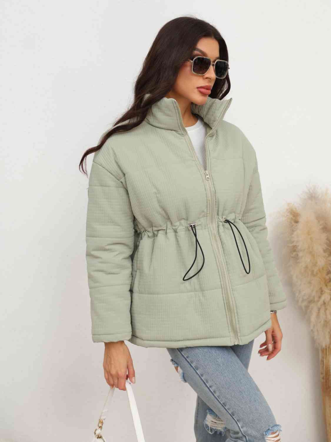 Drawstring Waist Zip-Up Puffer Jacket - lolaluxeshop