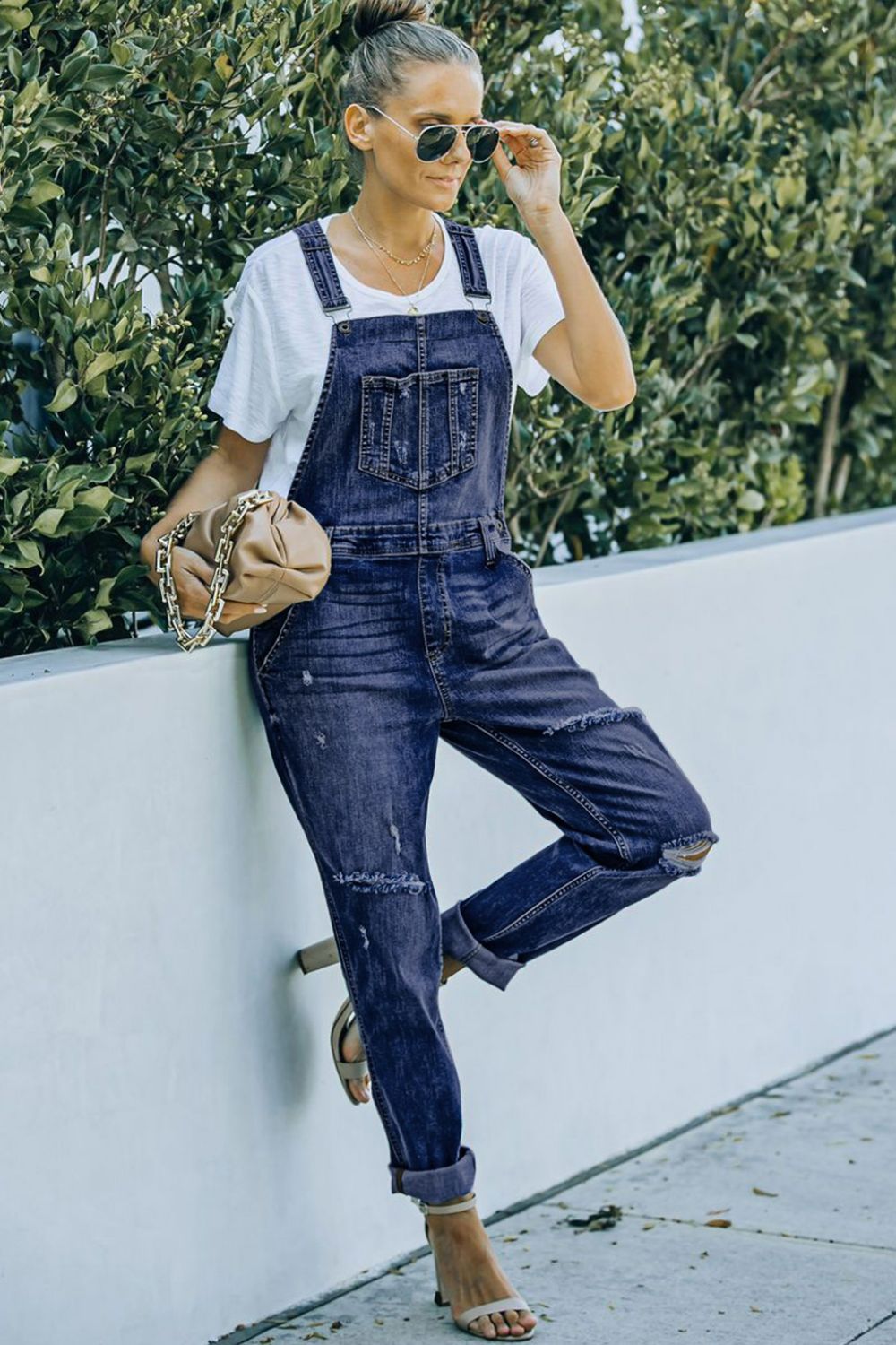 Pocketed Distressed Denim Overalls - LOLA LUXE