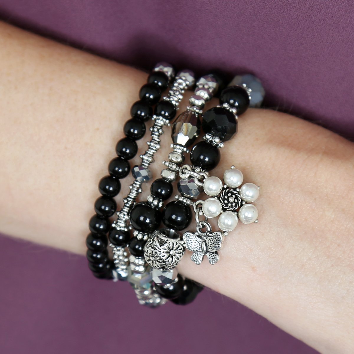 Hdb2076 - Butterfly Pearl Classy Stackable Bracelet - LOLA LUXE