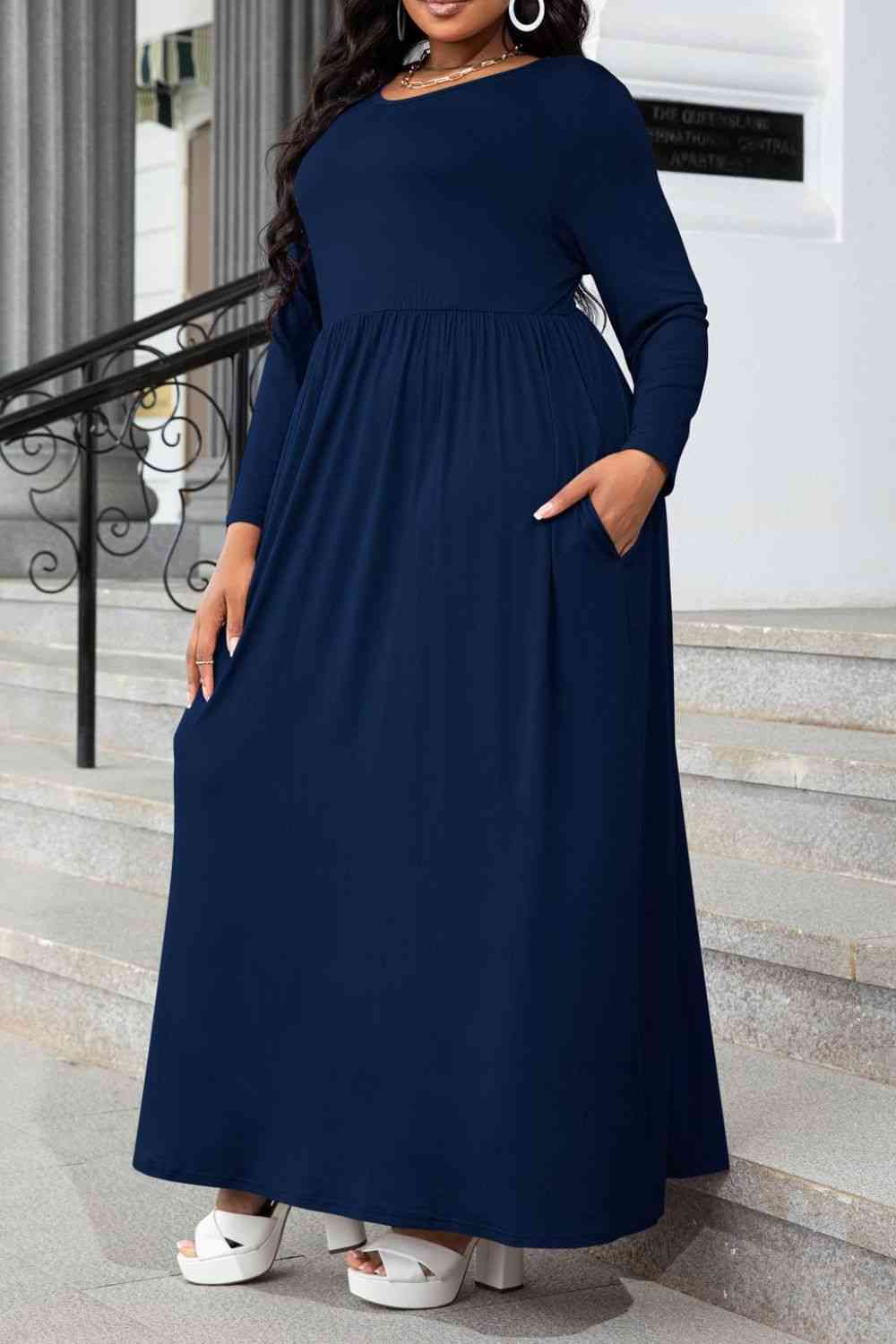 Plus Size Round Neck Long Sleeve Maxi Dress with Pockets - lolaluxeshop