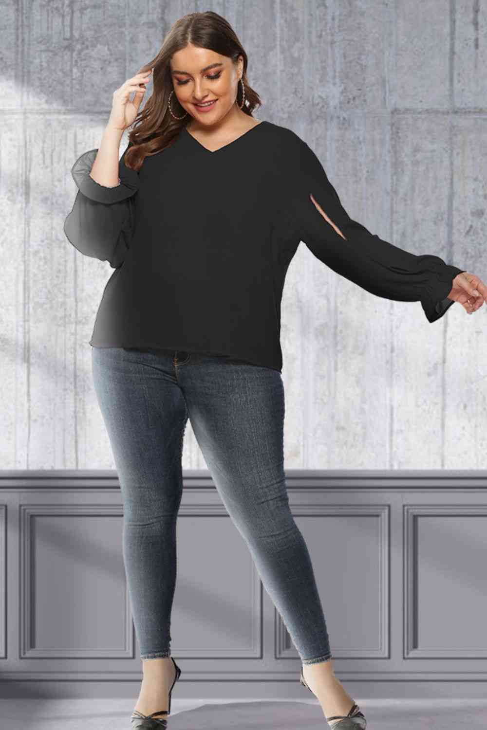 Plus Size Cutout Flounce Sleeve Blouse - lolaluxeshop