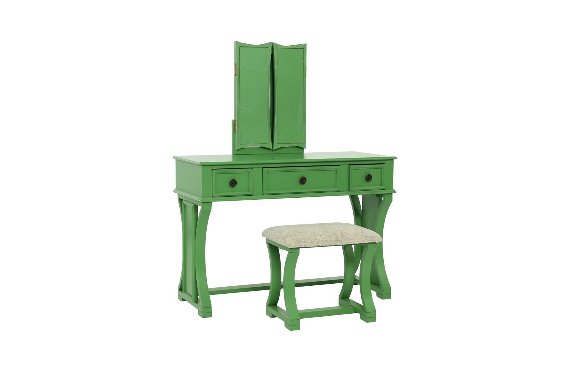 Unique Modern Bedroom Vanity Set w Stool Foldable Mirror Drawers Apple Green Color MDF Veneer 1pc Vanity Furniture - lolaluxeshop