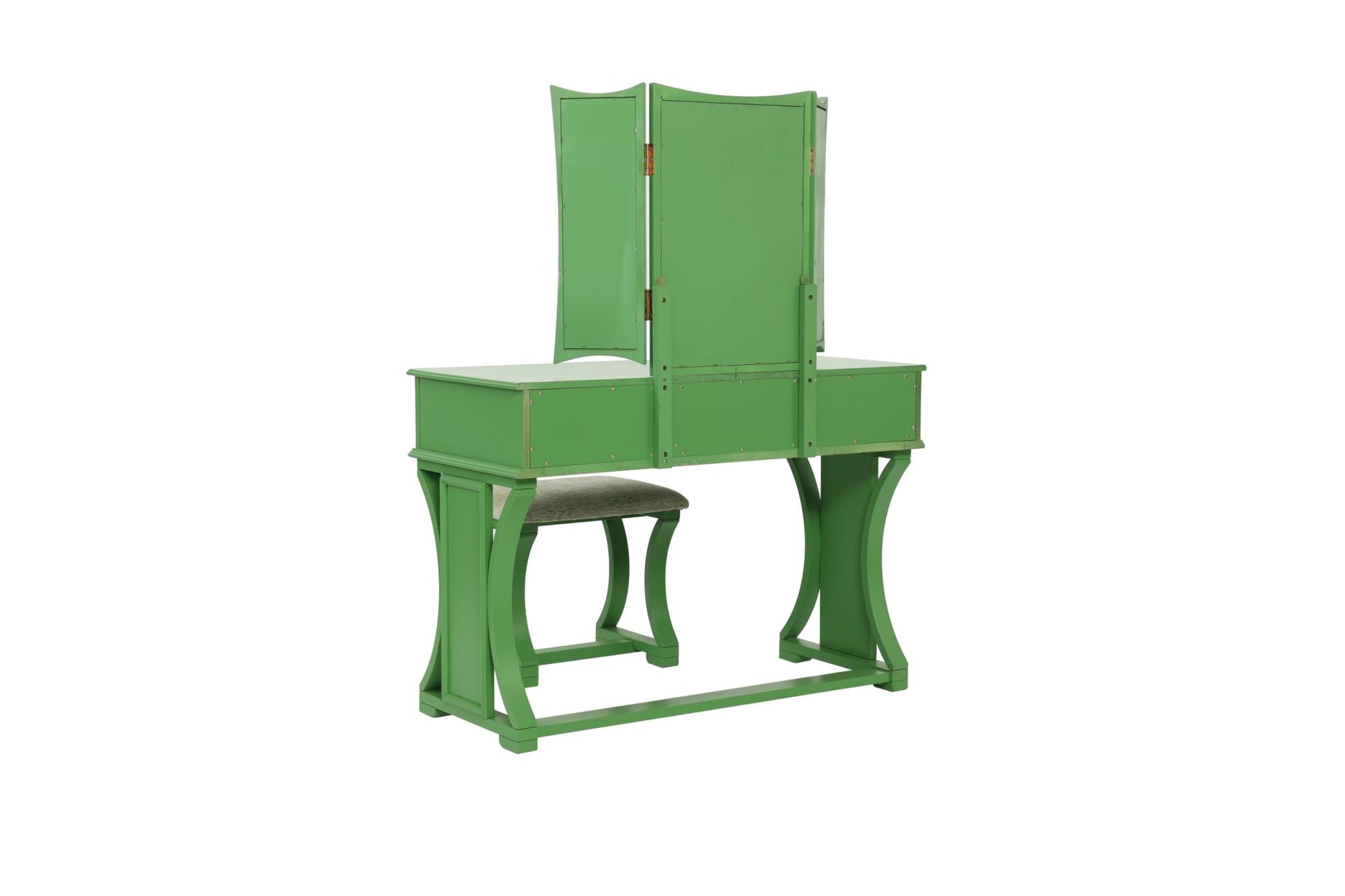 Unique Modern Bedroom Vanity Set w Stool Foldable Mirror Drawers Apple Green Color MDF Veneer 1pc Vanity Furniture - lolaluxeshop