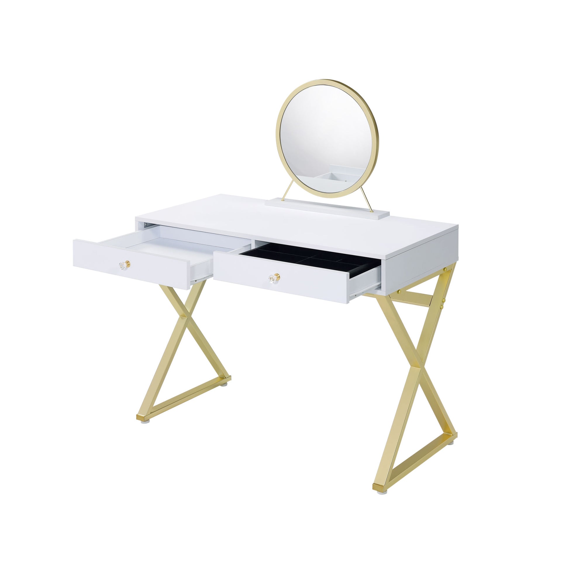 ACME Coleen Vanity Desk w/Mirror & Jewelry Tray in White & Gold Finish AC00667 - lolaluxeshop