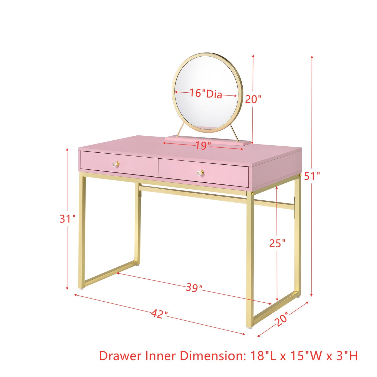 ACME Coleen Vanity Desk w/Mirror & Jewelry Tray in Pink & Gold Finish AC00668 - lolaluxeshop